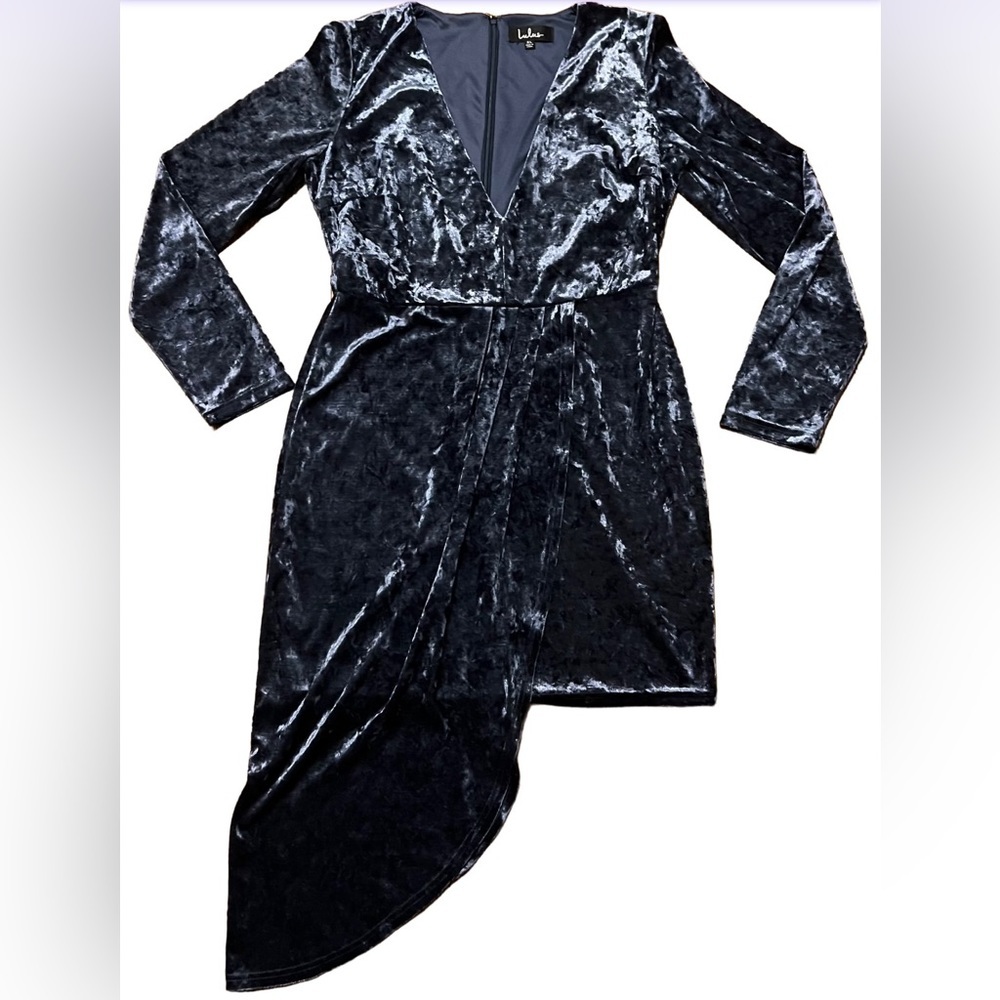 Lulus XL strong ambition slate blue velvet asymmetrical long sleeve dress - Picture 2 of 13